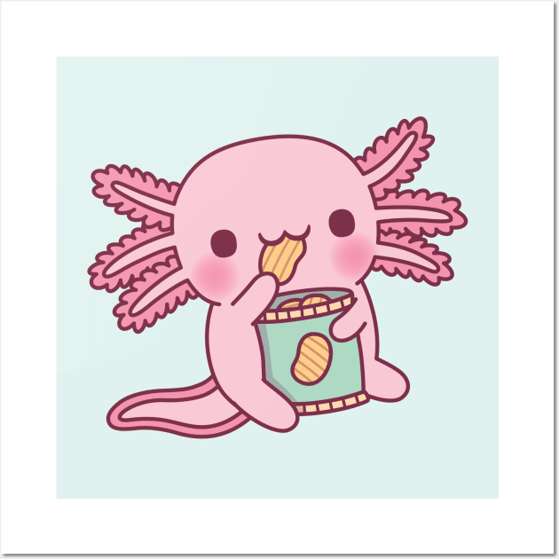 Cute Axolotl Eating Potato Chips Wall Art by rustydoodle